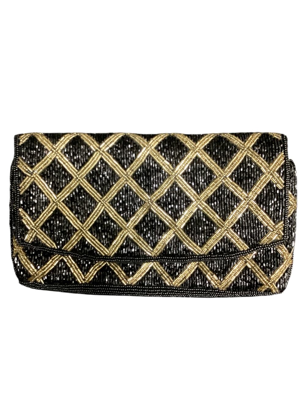 VTG Purse Women’s 1Size Beaded Small Clutch Style No Strap Shiny Black And Gold